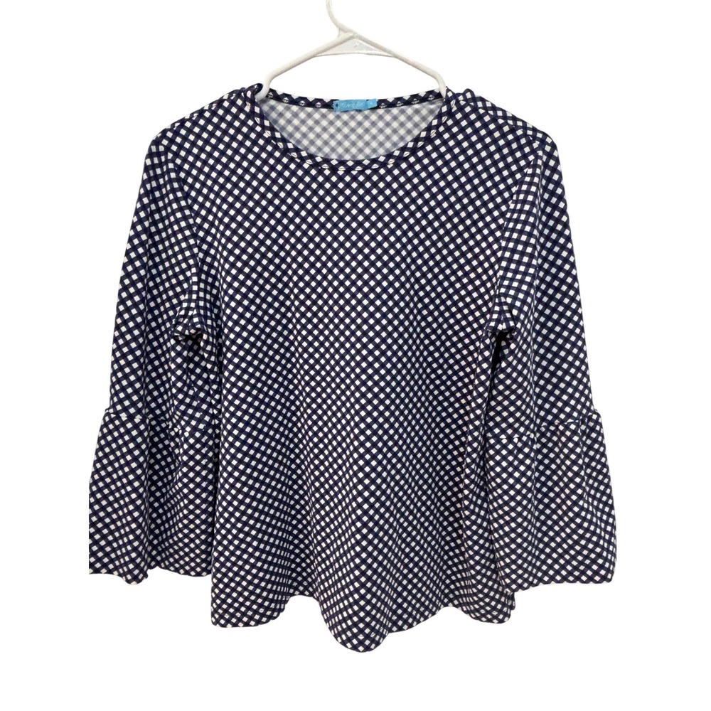 J McLaughlin Navy White Gingham Bell Sleeve Tunic Top‎ Womens Medium